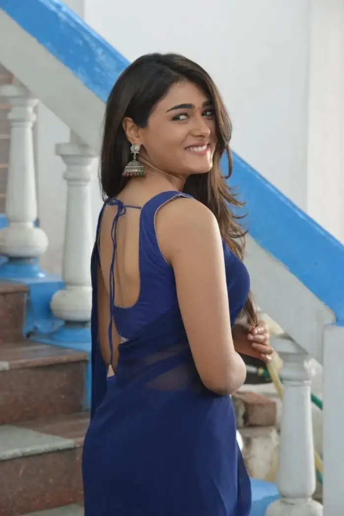 Indian Actress Shalini Pandey In Blue Saree At Telugu Movie Opening